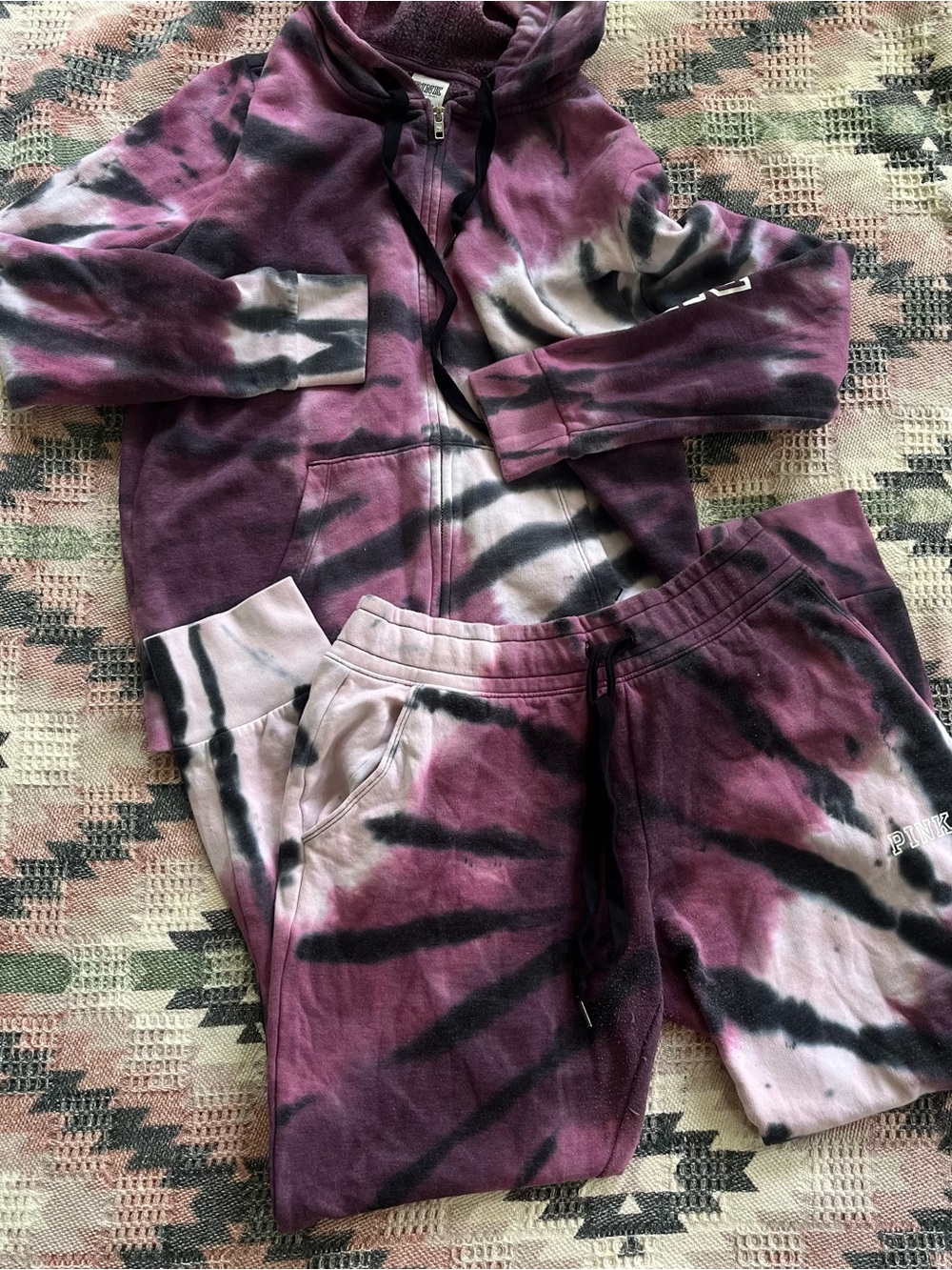 Victoria’s Secret Tie-Dye Zip Hoodie & Jogger Set - Purple, Black, White